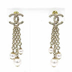 Chanel Pearl Chain Coco Mark Earrings Metal Rai White Gold B25 a S Rank