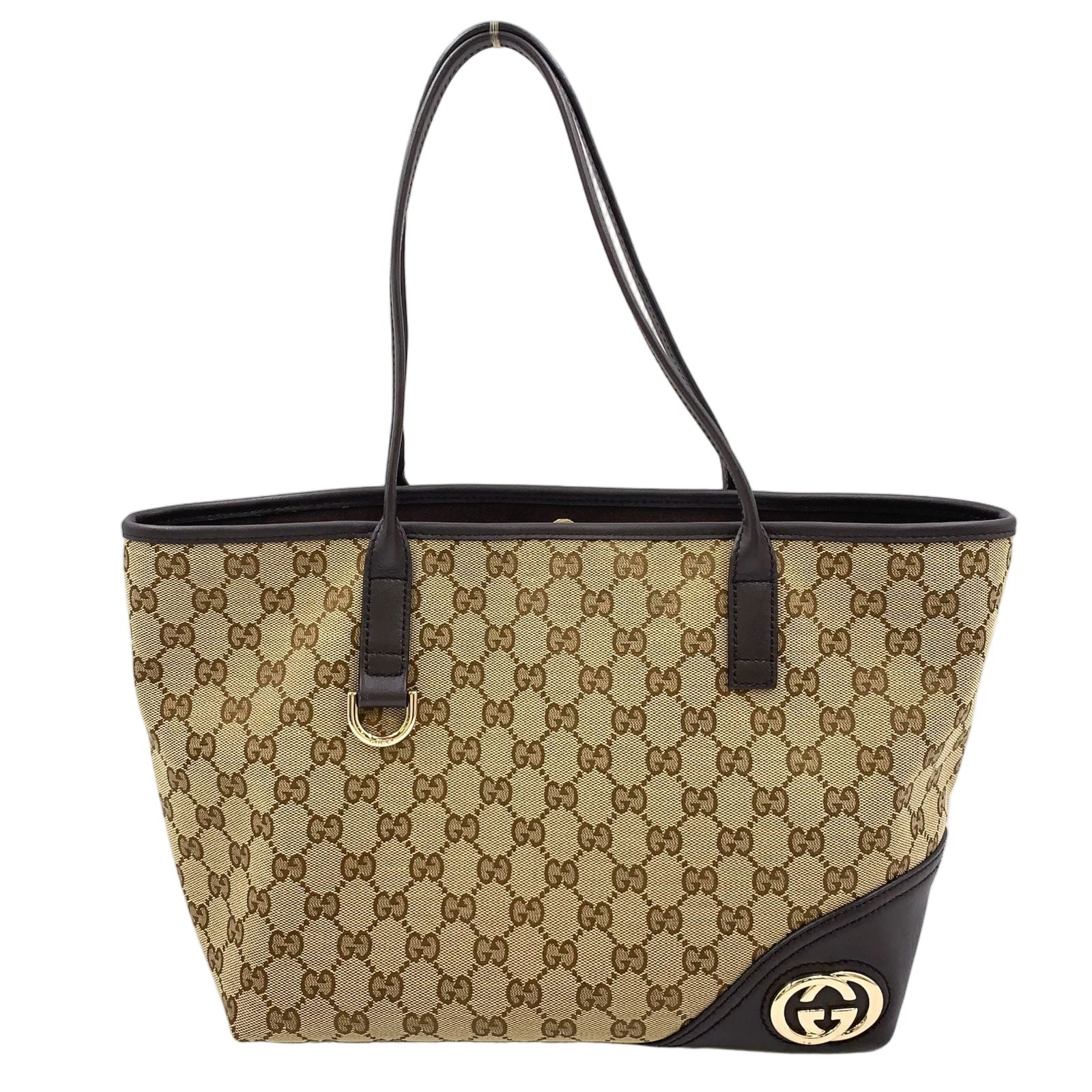 Gucci New Brit GG Canvas Leather Khaki Beige Brown Tote Gold