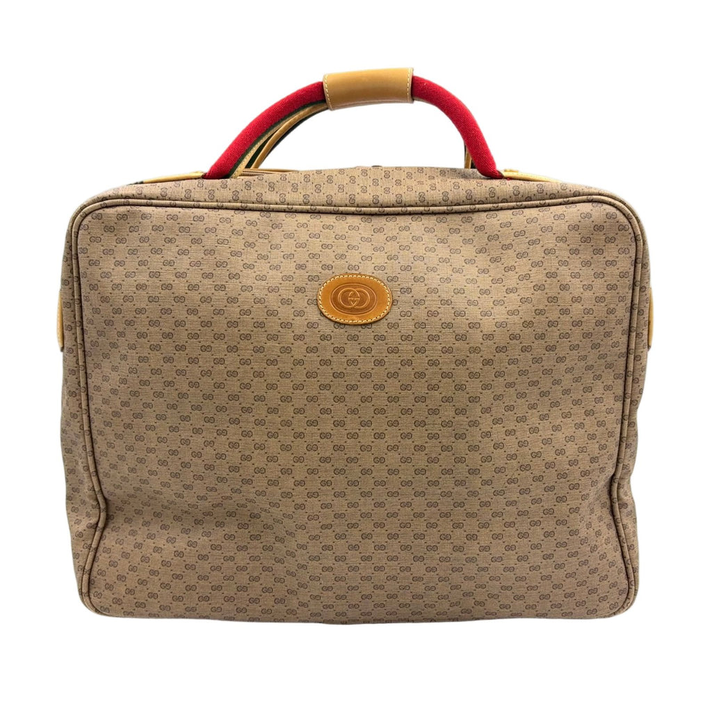 Gucci Vintage Micro GG Leather Fabric Beige Light Brown Red Boston Bag Gold