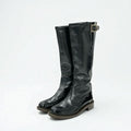 Chanel Boots Long Shoes Leather Patent Black Gold Logo