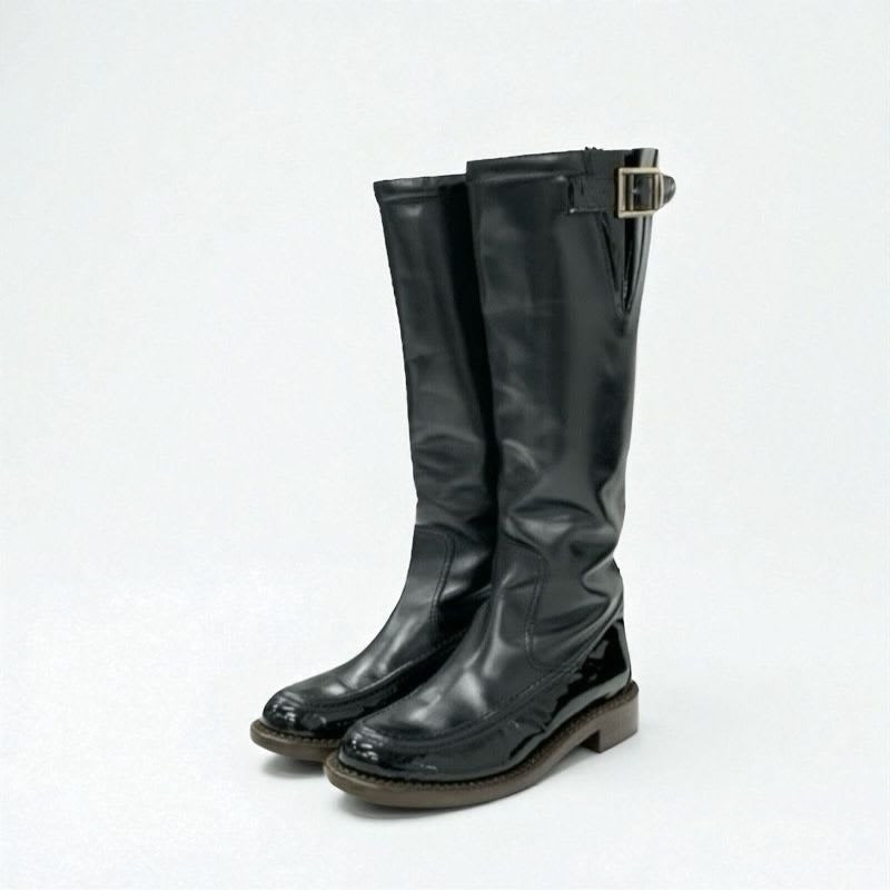Chanel Boots Long Shoes Leather Patent Black Gold Logo
