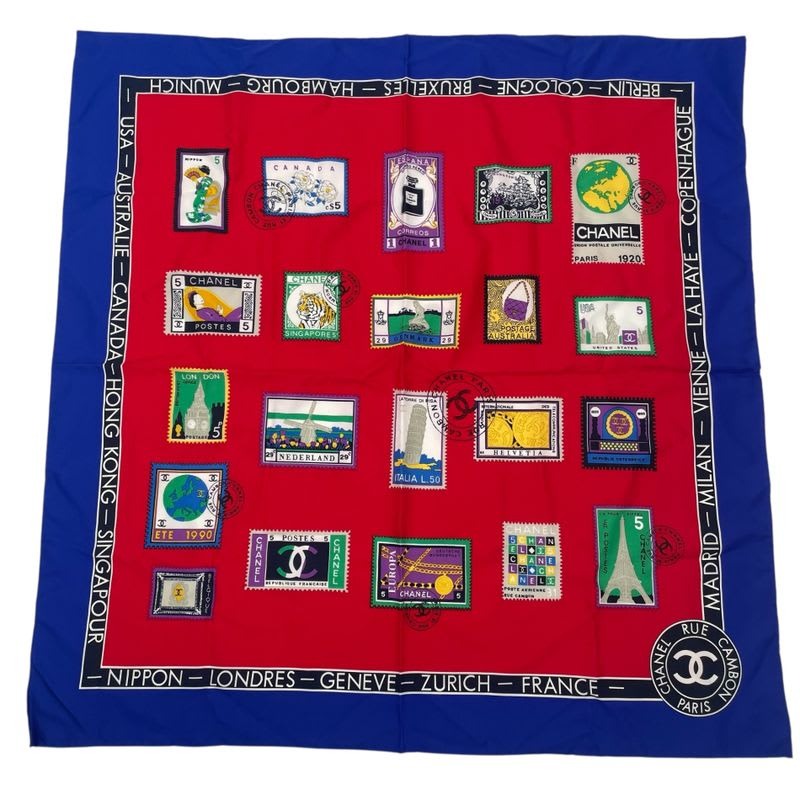 Chanel Scarf Silk Stamp Pattern Coco Mark Multicolor