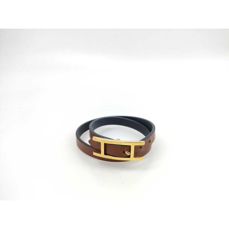 Hermes Bracelet Be Api Brown Leather Doubl Tour Gold Hardware — view 2