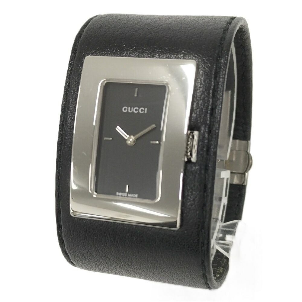 Gucci Bangle Watch SS Leather Quartz Black Dial