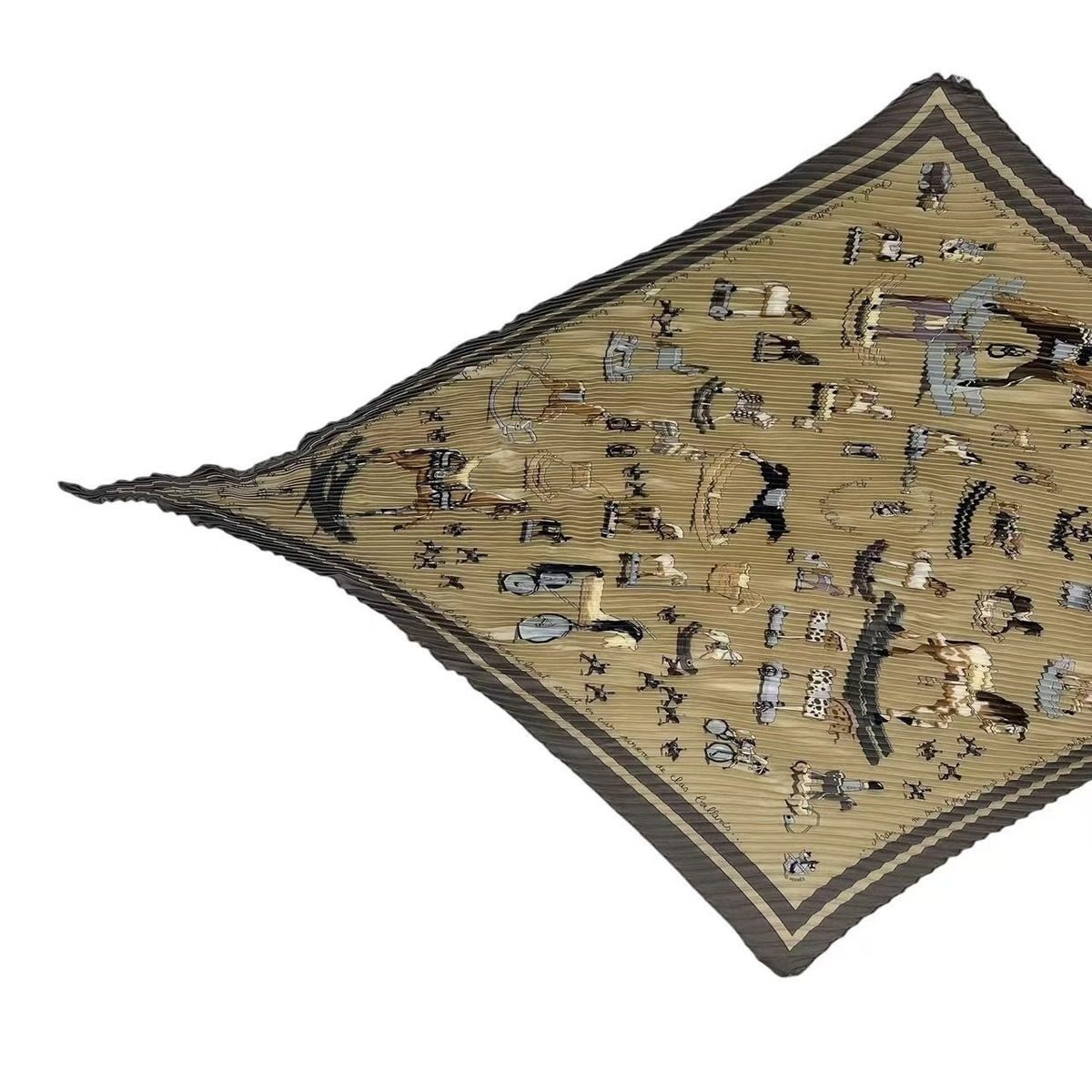 Hermes Pleated Scarf Silk Raconte Moi le Cheval Talking About Horses Beige — view 2