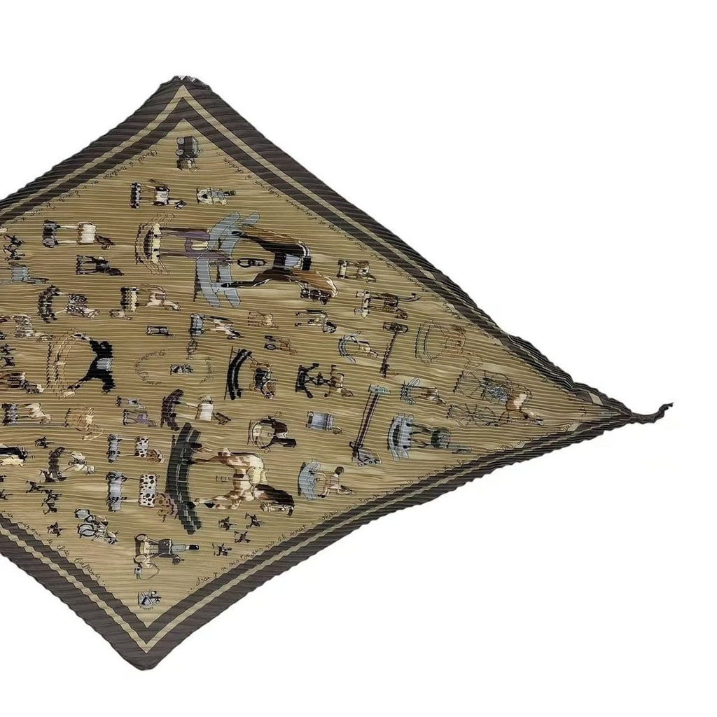 Hermes Pleated Scarf Silk Raconte Moi le Cheval Talking About Horses Beige — view 3