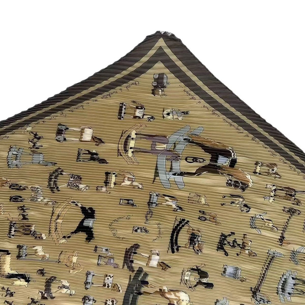 Hermes Pleated Scarf Silk Raconte Moi le Cheval Talking About Horses Beige — view 4