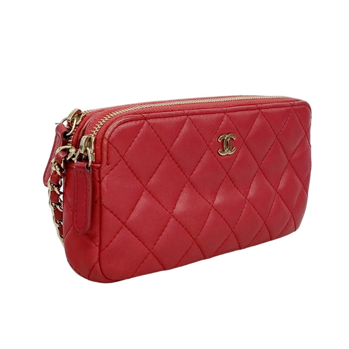 Chanel Shoulder Bag Quilted Lambskin Red Champagne Gold — view 2