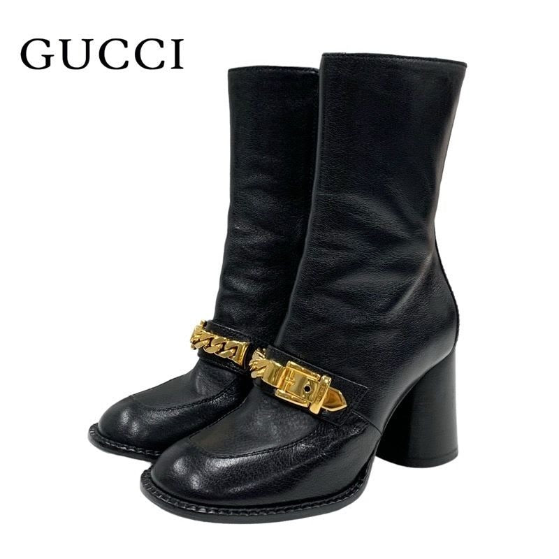 Gucci Boots Short Shoes Leather Black Gold Chain Belt