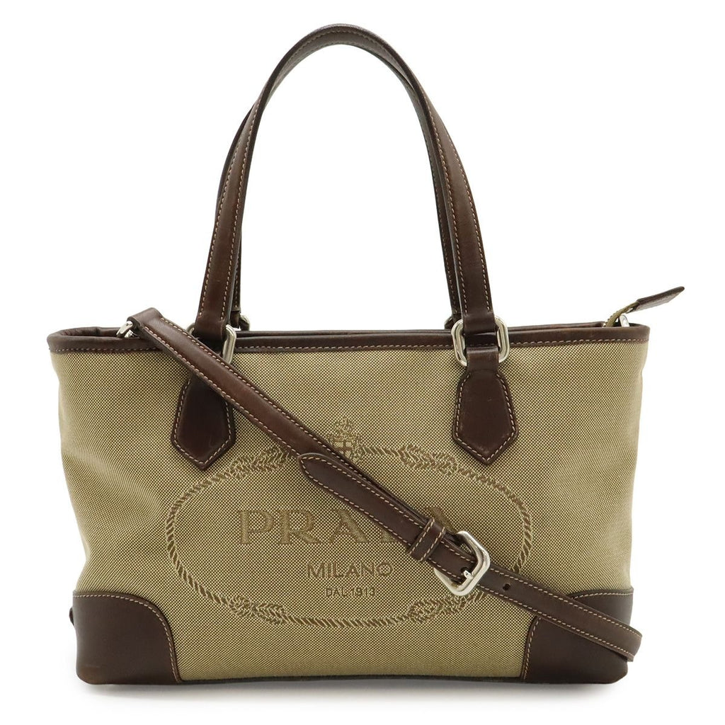 Prada Logo Jacquard 2-Way Shoulder Bag Canvas Leather Khaki Beige Dark Brown