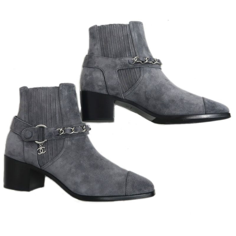 Chanel Side Gore Ankle Boots Size 38 C Gray Suede Shoes — view 3