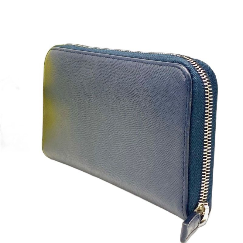 Prada Wallet Saffiano Round Navy Blue Card Coin Bill Holder