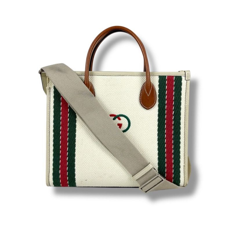 Gucci Interlocking Logo Embroidery 2-Way Tote Bag Sherry Line Ivory