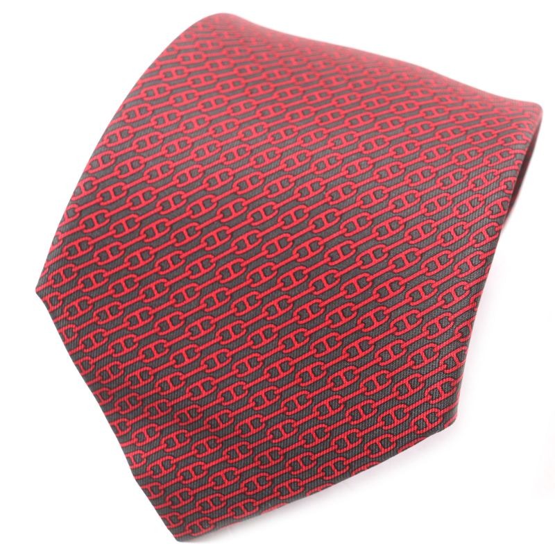 Hermes 5261 100% Silk Anthracite Rouge Cravat Chaine D'ancre Patterned Tie