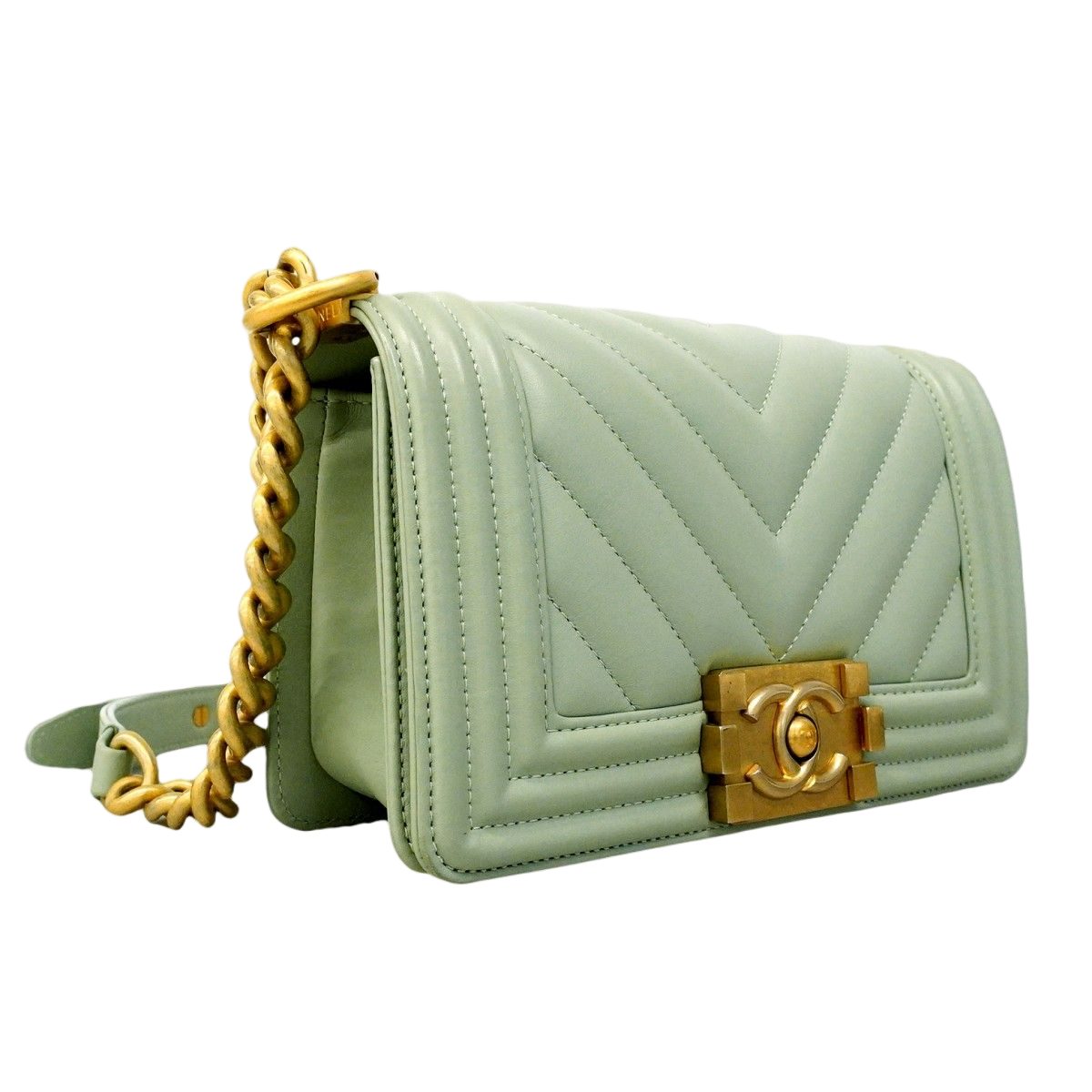 Chanel Shoulder Bag Boy Stitch Lambskin Light Green Gold — view 2