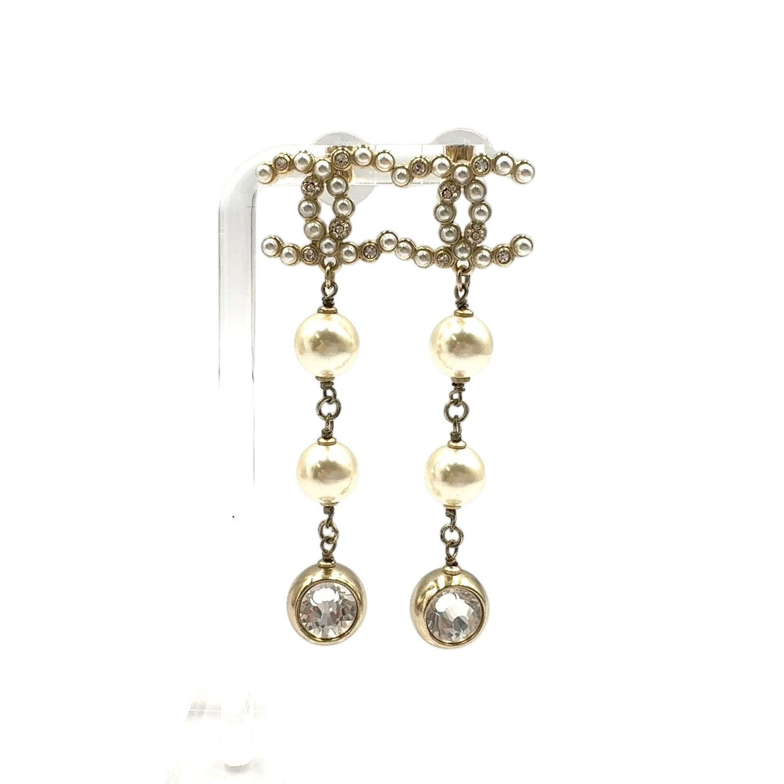 Chanel CC Logo Rhinestone Faux Pearl Long Color Stone Off White Clear Gold