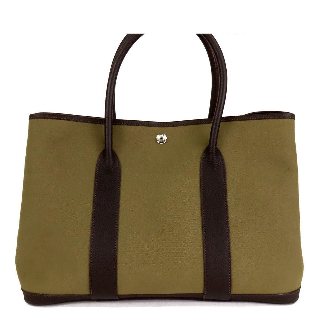 Hermes Garden Party PM Khaki Dark Brown Silver Toile Buffalo Tote Bag