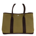 Hermes Garden Party PM Khaki Dark Brown Silver Toile Buffalo Tote Bag