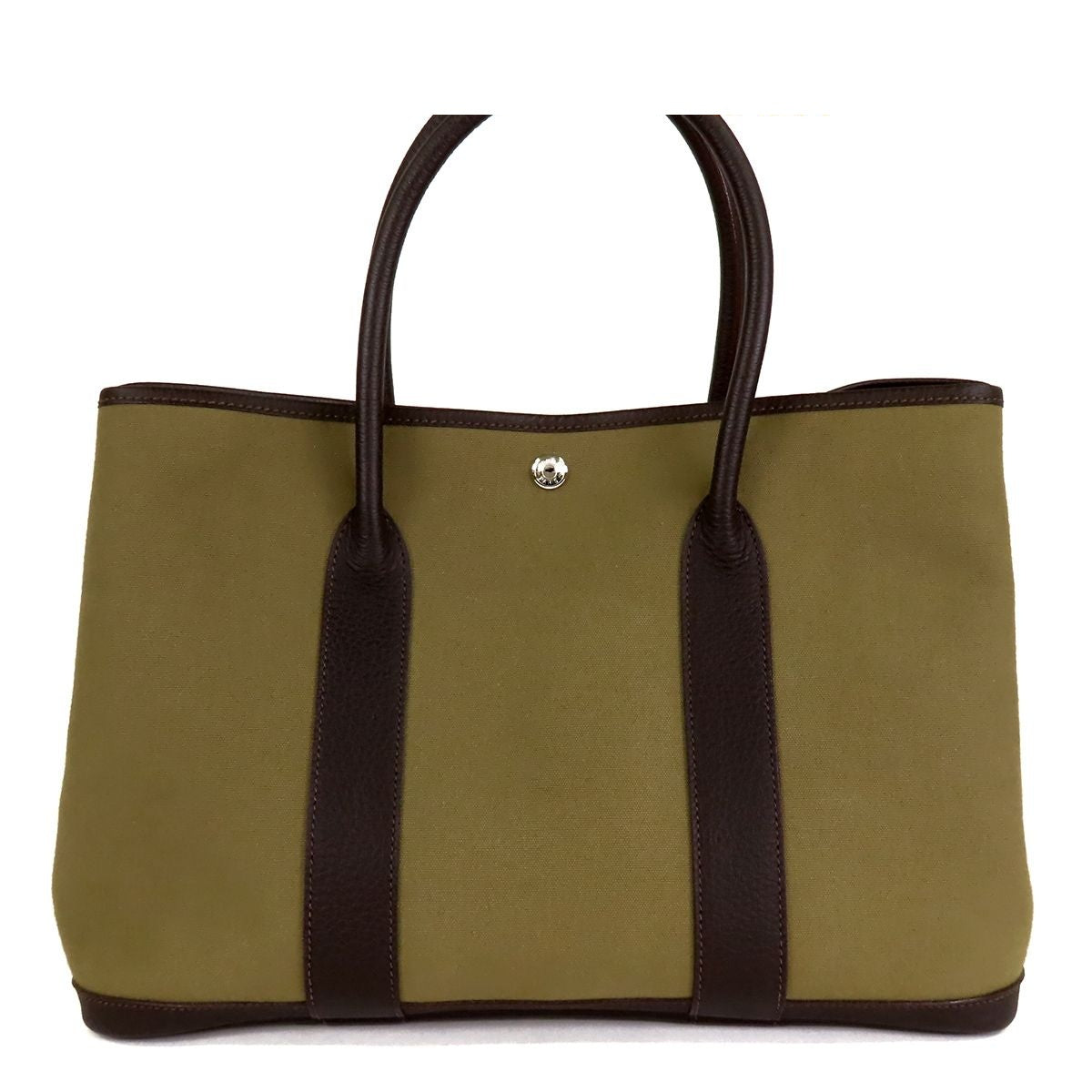 Hermes Garden Party PM Khaki Dark Brown Silver Toile Buffalo Tote Bag