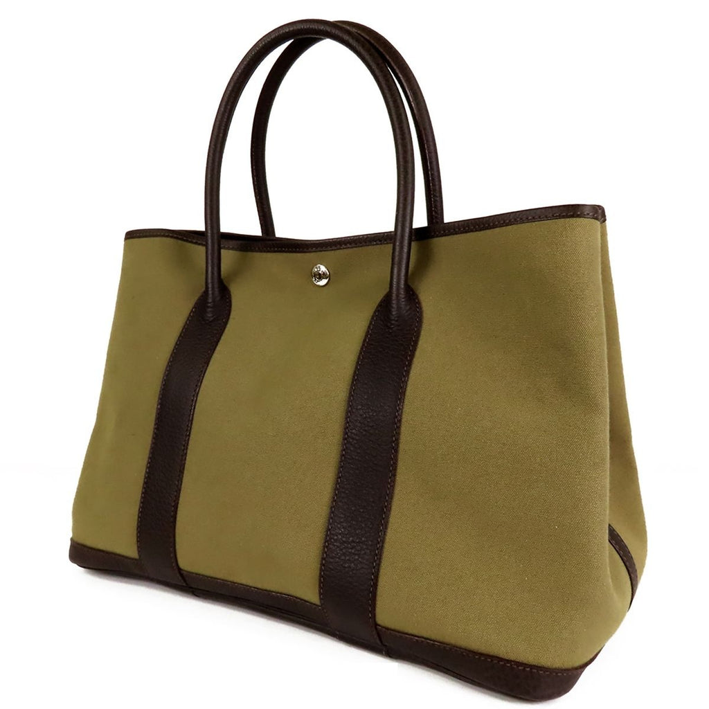 Hermes Garden Party PM Khaki Dark Brown Silver Toile Buffalo Tote Bag — view 2