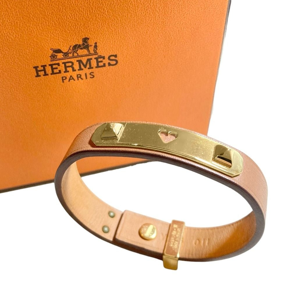Hermes As de Coule Heart Motif Leather Bracelet T2 Brown Gold Brand