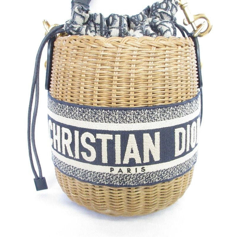 Christian Dior Oblique Wicker Shoulder Bag Navy Natural