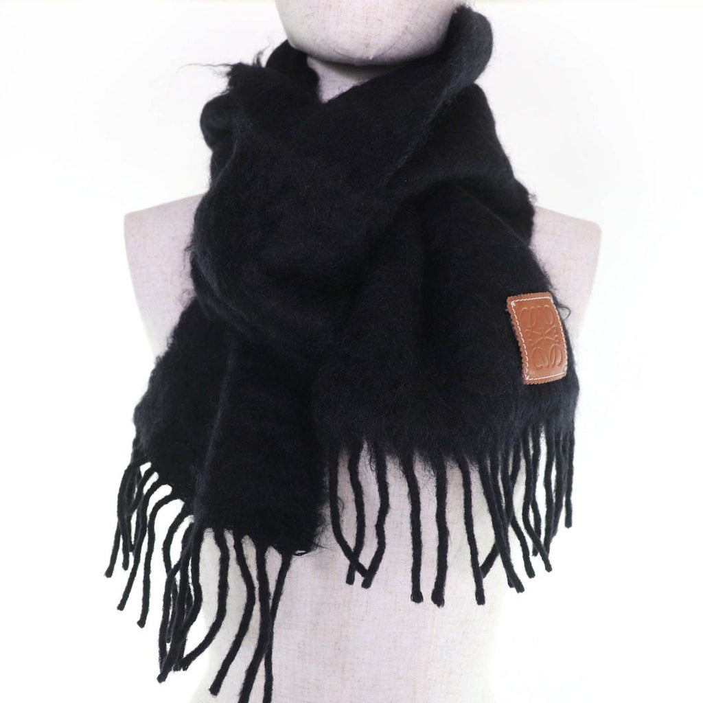 Loewe Mohair Wool Anagram Leather Patch with Fringe Scarf Black — view 3