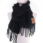 Loewe Mohair Wool Anagram Leather Patch with Fringe Scarf Black — view 3