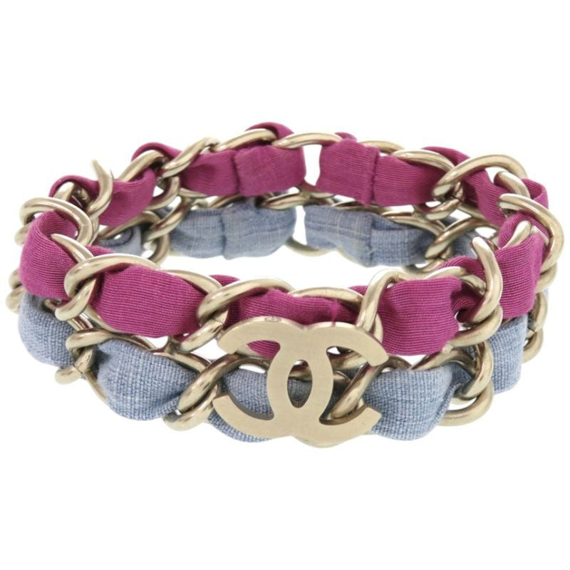 Chanel 2 Chain Coco Mark Metal Fabric Purple Light Blue Bracelet 0837 — view 2