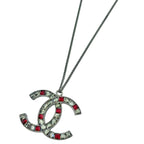 Chanel CC Logo Rhinestone Necklace Silver Plated