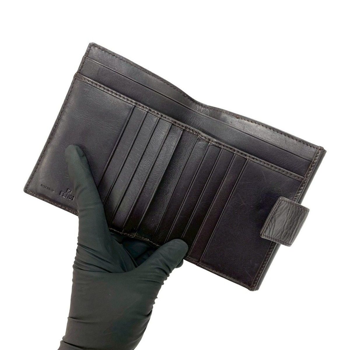 Fendi Zucca FF Pattern Canvas Leather Bifold Wallet Mini Card Case Brown Black — view 7