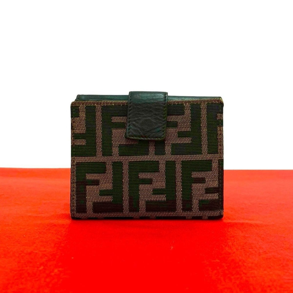 Fendi Zucca FF Pattern Canvas Leather Bifold Wallet Mini Card Case Brown Black