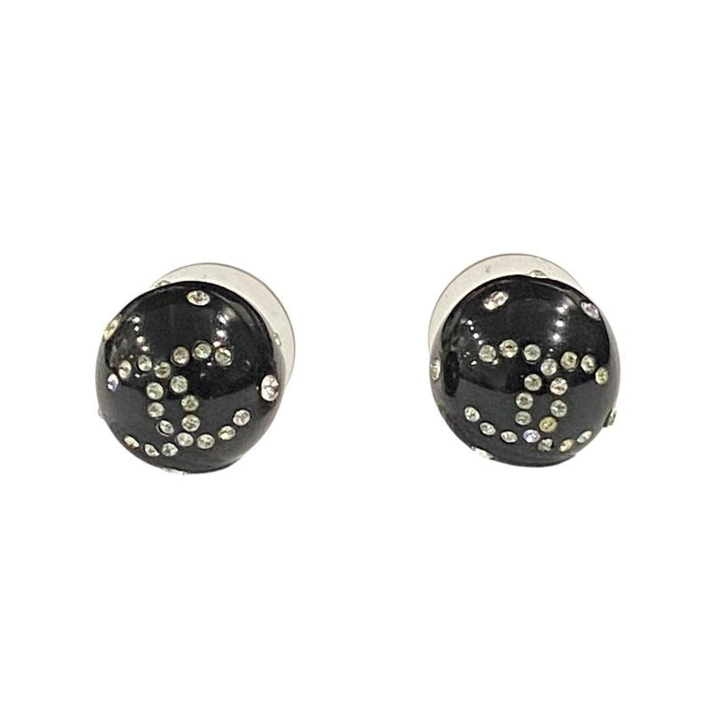 Chanel Coco Mark Rhinestone Ball Stud Earrings Black 08A