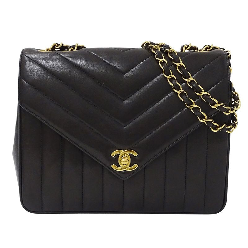 Chanel Bag Shoulder V Stitch Lambskin Black Gold Hardware