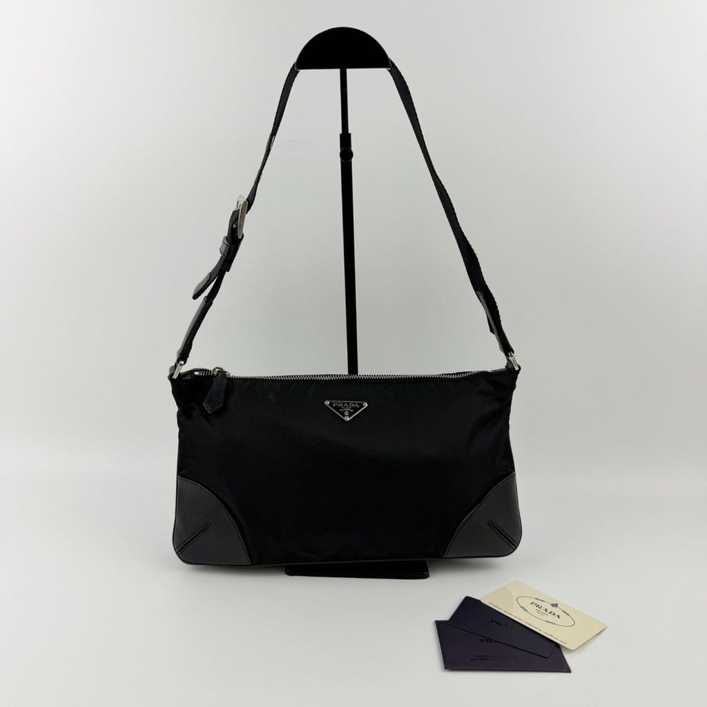 Prada Shoulder Bag Black Nylon Leather Vintage