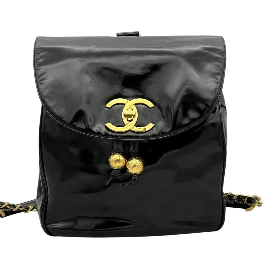 Chanel CC Vintage Backpack Bag Patent Leather Black Turnlock Chain — view 2