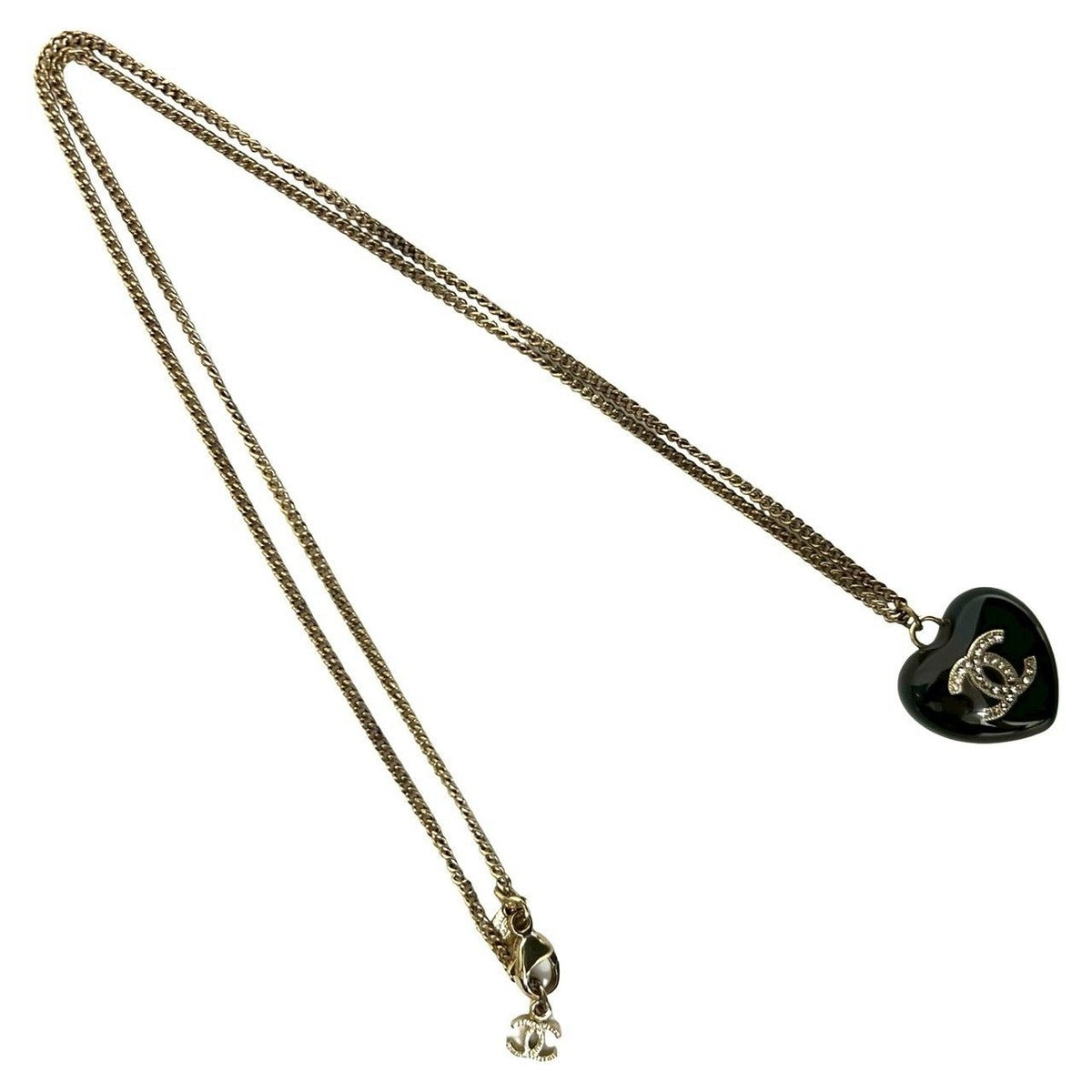 Chanel with Rice CC Logo Heart Motif Plastic Rhinestone Necklace Black — view 4