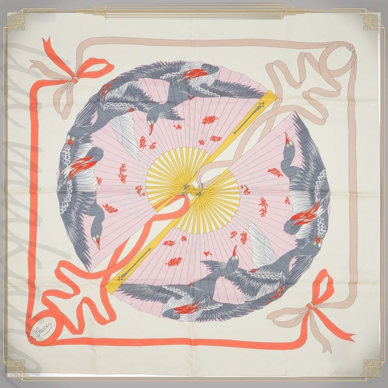 Gucci Printed Silk Scarf Ca Fly Swan 90 X90 fan Bird Ribbon Ivory Multicolor