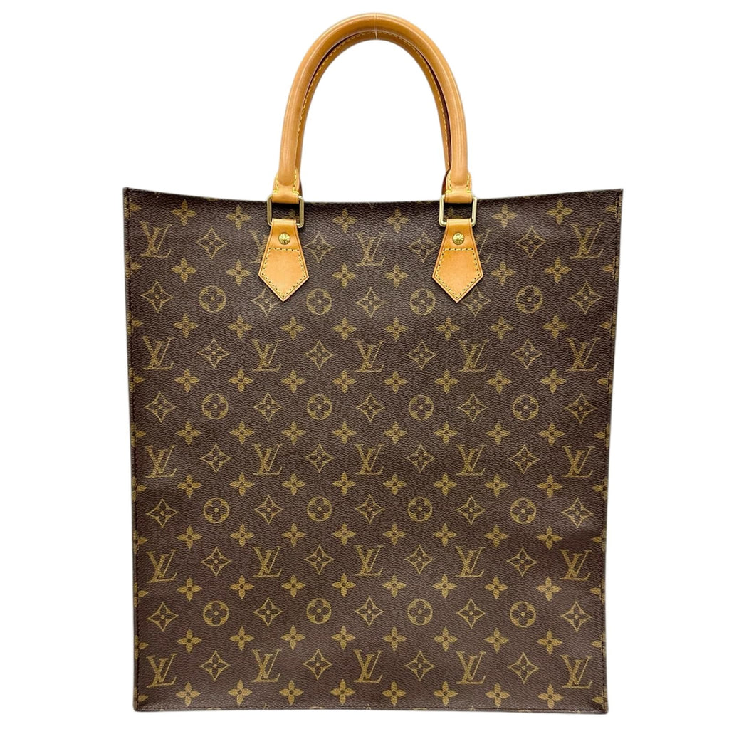 Louis Vuitton Sac Plat Monogram Handbag Leather Brown Tote Gold