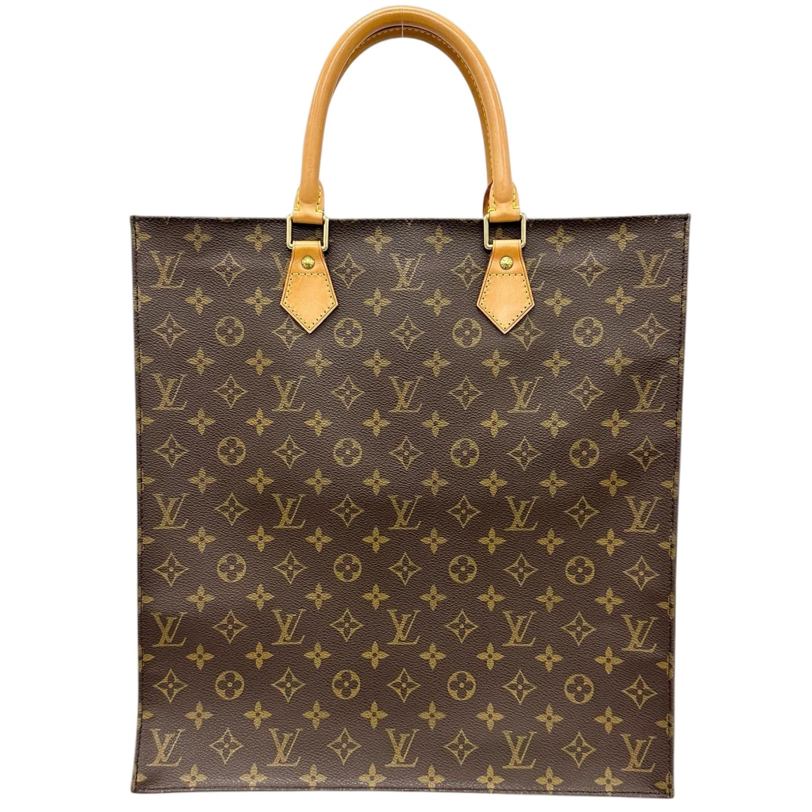Louis Vuitton Sac Plat Monogram Handbag Leather Brown Tote Gold — view 2