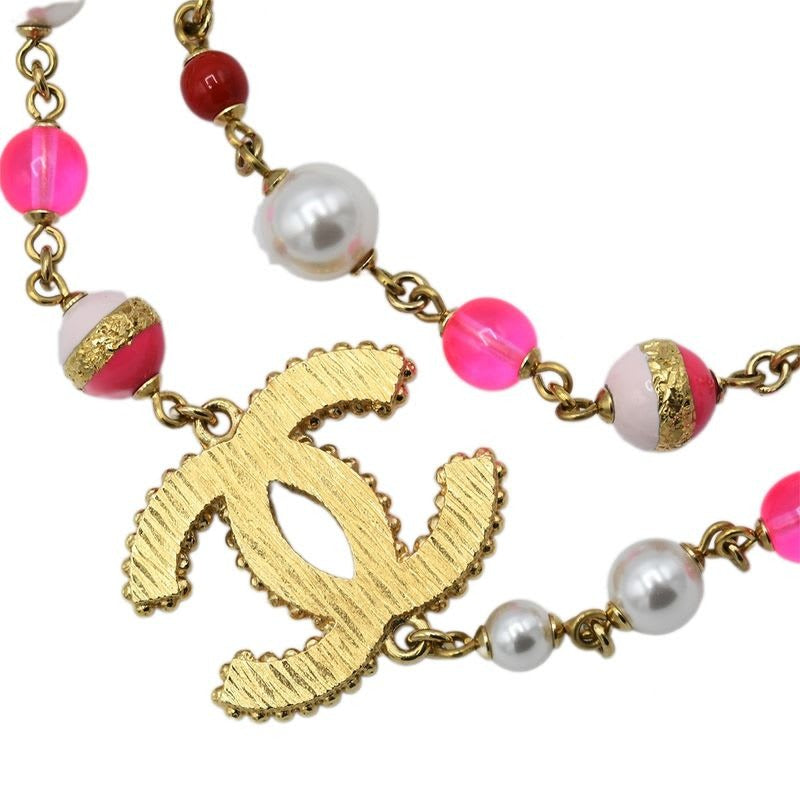 Chanel Necklace A24 Coco Mark Faux Pearl Color Stone Pink Accessory Box