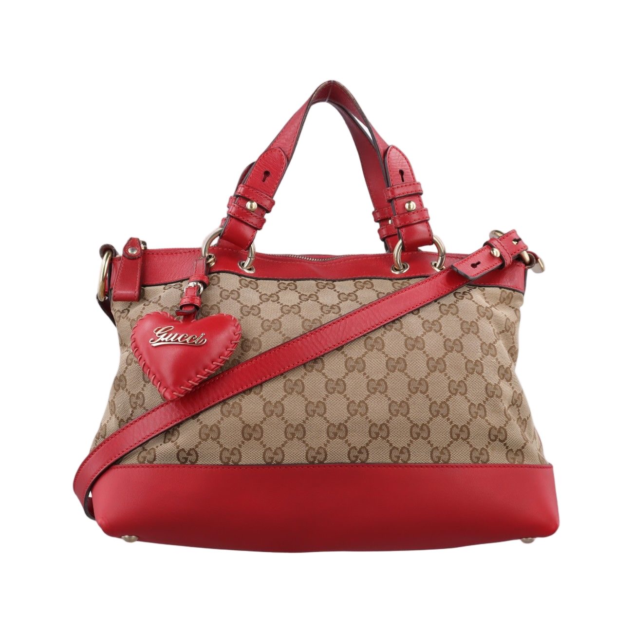 Gucci Valentine Heart Charm Beige Red Canvas Leather Keychain