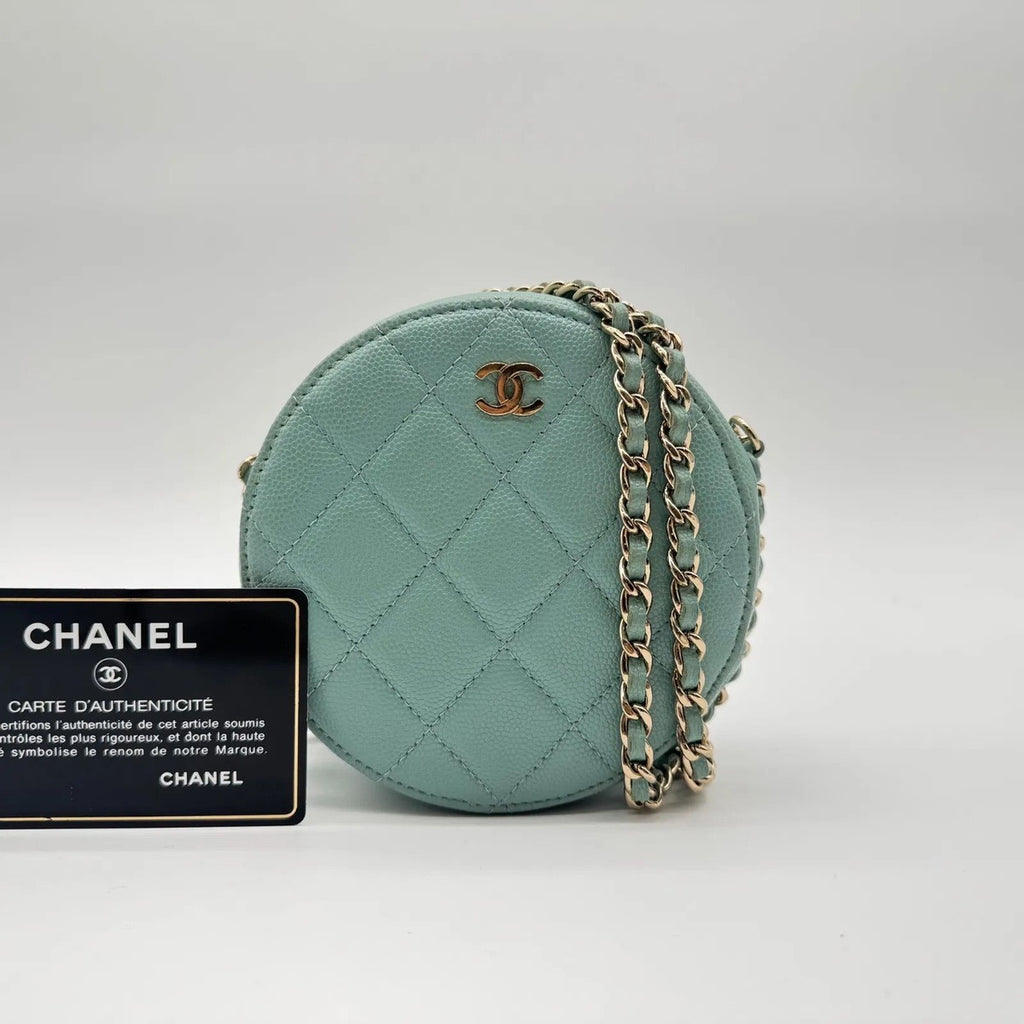 Chanel Shoulder Bag Round Caviar Leather Quilted CC Logo Gold Emerald Green