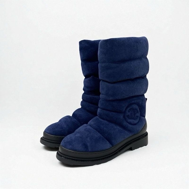 Chanel Boots Short Shoes Suede Navy Black Middle Snow