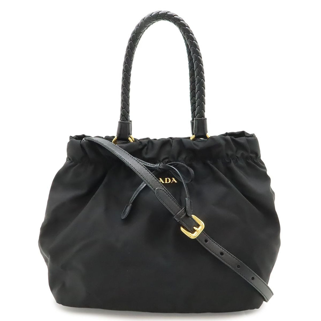 Prada Ribbon Braided Tote 2-Way Shoulder Bag Nylon Nero Black Gold