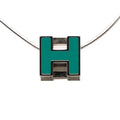 Hermes Caje De Ashe H Cube Pendant Necklace Silver Light Blue Metal