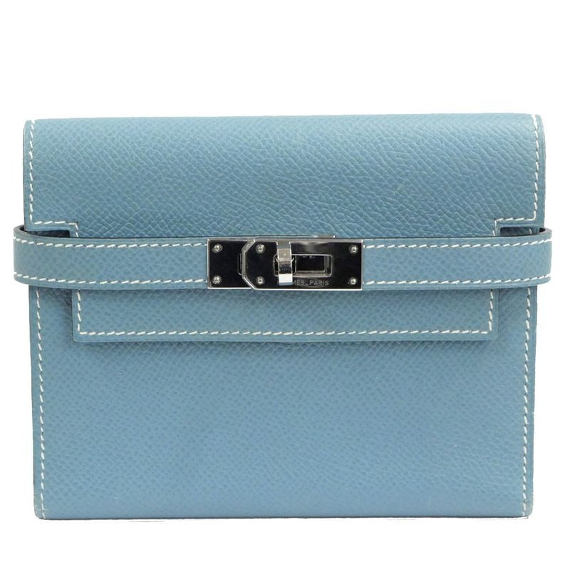 Hermes Kelly Wallet Compact Trifold Blue Jean Silver Hardware