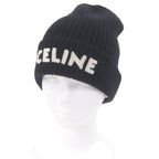 Celine Wool Logo Patch Knit Cap Beanie Black TU