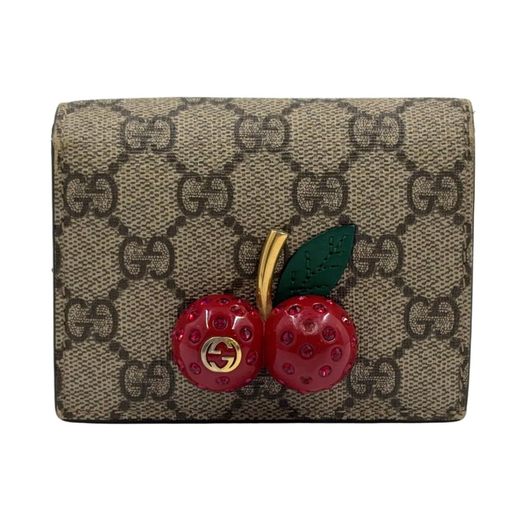 Gucci Cherry GG Supreme Leather Beige Red Bifold Wallet Gold