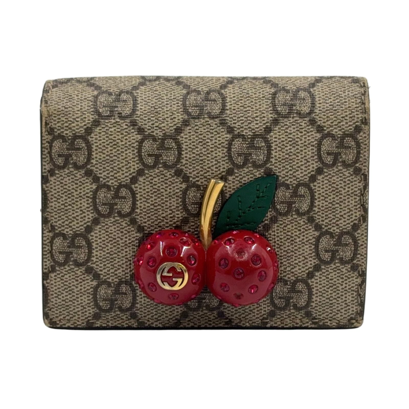 Gucci Cherry GG Supreme Leather Beige Red Bifold Wallet Gold